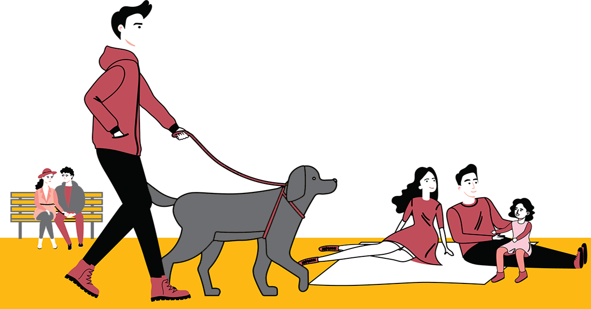 A simple line-drawn scene, in the Here4 Insurance brand colours of yellow and red, depicting several different groups of people in a park - one is walking a dog, a couple are sitting on a blanket playing with their young child, and another, younger couple are sitting together on a park bench talking about their future. The scene represents the types of UK Insurance available in the Personal Family and Pets category on the Here4 Insurance website.
